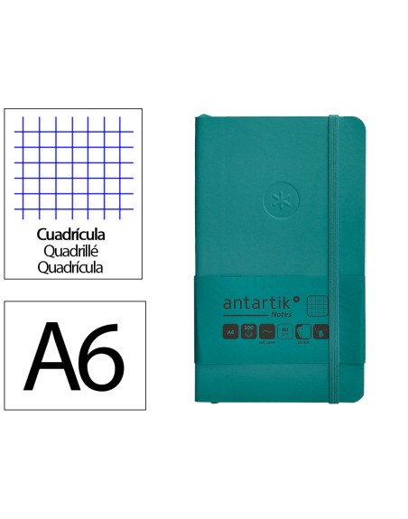 Cuaderno con gomilla antartik notes tapa blanda a6 cuadricula verde aguamarina 100 hojas 80 gr fsc