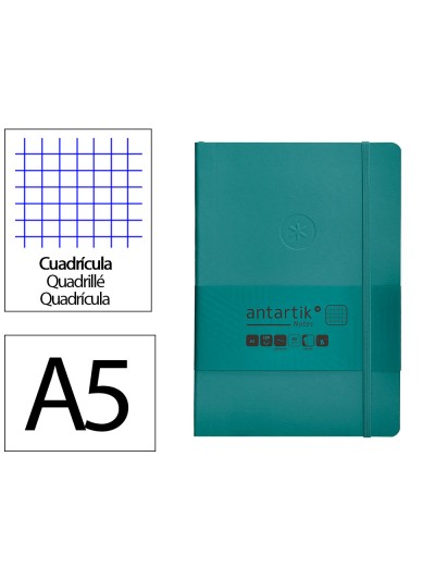 Cuaderno con gomilla antartik notes tapa blanda a5 hojas cuadricula verde aguamarina 80 hojas 80 gr fsc