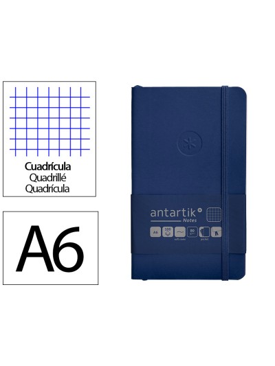 Cuaderno con gomilla antartik notes tapa blanda a6 cuadricula azul marino 100 hojas 80 gr fsc