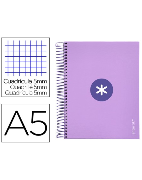 Cuaderno espiral a5 micro antartik tapa forrada120h 90 gr cuadro 5mm 5 banda 6 taladros color lavanda