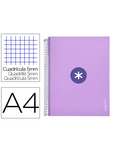 Cuaderno espiral a4 micro antartik tapa forrada 120h 90 gr cuadro 5mm 5 bandas 4 taladros color lavanda