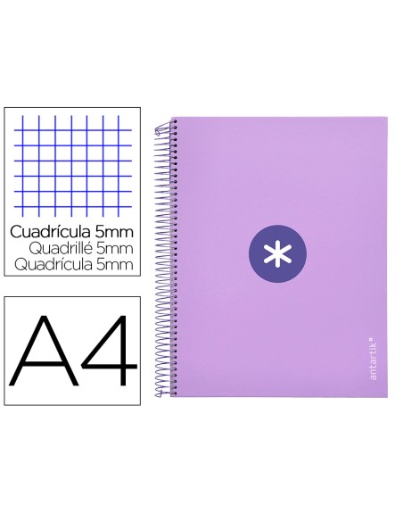 Cuaderno espiral a4 micro antartik tapa forrada 120h 90 gr cuadro 5mm 5 bandas 4 taladros color lavanda
