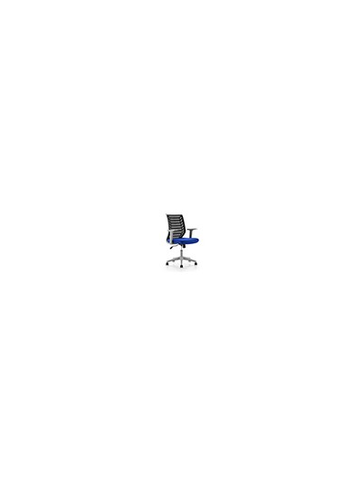 Silla rocada de oficina brazos regulables estructura gris respaldo malla y asiento tela ignifuga azul