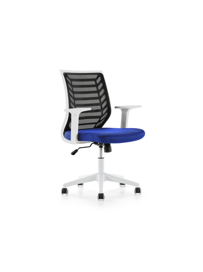 Silla rocada de oficina brazos regulables estructura blanca respaldo malla y asiento tela ignifuga azul Silla rocada de oficina brazos regulables estructura blanca respaldo malla y asiento tela ignifuga azul