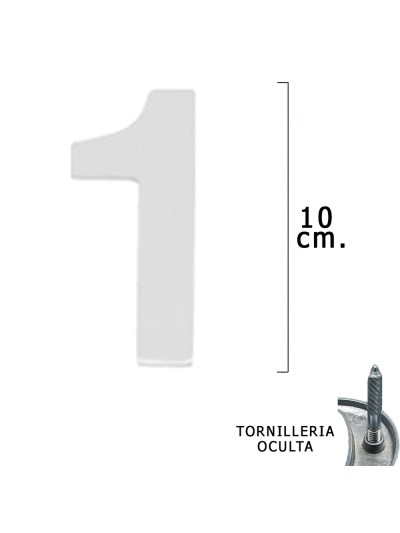 Numero Metal "1" Plateado Mate 10 cm. con Tornilleria Oculta (Blister 1 Pieza)
