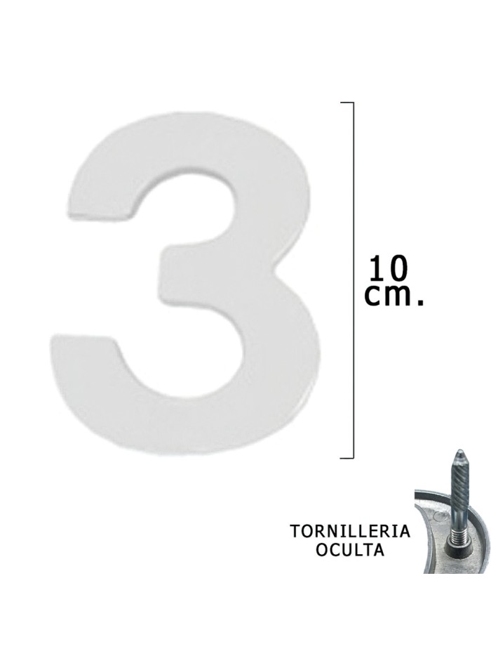 Numero Metal "3" Plateado Mate 10 cm. con Tornilleria Oculta (Blister 1 Pieza)