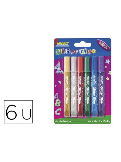 Pegamento imedio glitter glue original para manualidades 10ml blister de 6 unidades colores surtidos