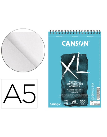 Bloc dibujo acuarela canson xl aquarelle grano fino din a5 microperforado espiral 14,8x21 cm 20 hojas 300 gr/m2