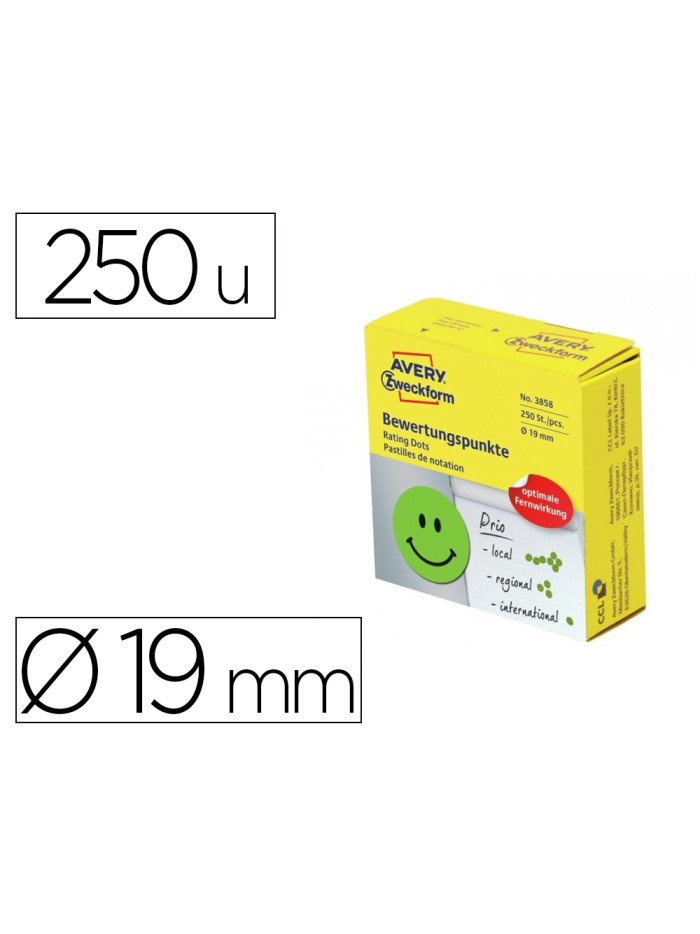 Etiqueta adhesiva avery smile verde sonriente 19 mm rollo de 250 unidades Etiqueta adhesiva avery smile verde sonriente 19 mm rollo de 250 unidades