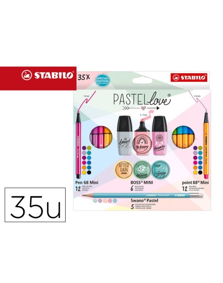 Set stabilo pastel love mini world pen 68 / point 88 / boss / swano 35 unidades surtidas