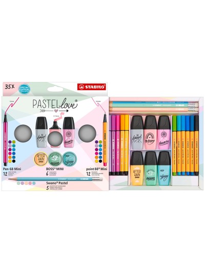 Set stabilo pastel love mini world pen 68 / point 88 / boss / swano 35 unidades surtidas
