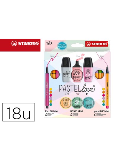 Set stabilo pastel love mini world pen 68 / point 88 / boss 18 unidades surtidas