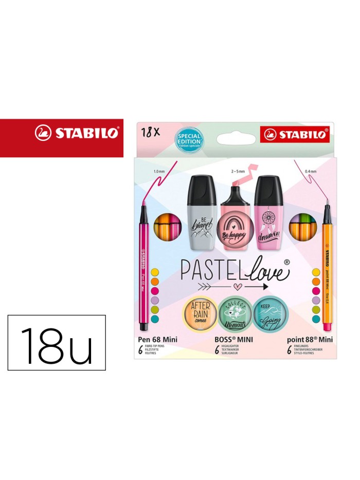 Set stabilo pastel love mini world pen 68 / point 88 / boss 18 unidades surtidas Set stabilo pastel love mini world pen 68 / point 88 / boss 18 unidades surtidas