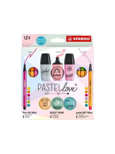 Set stabilo pastel love mini world pen 68 / point 88 / boss 18 unidades surtidas