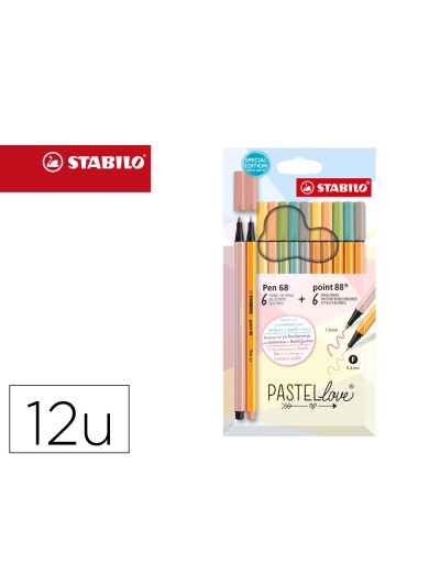 Rotulador stabilo punta de fibra point 88 + pen 68 pastel love estuche de carton de 12 colores surtidos