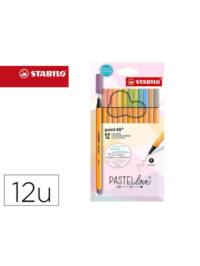 Rotulador stabilo punta de fibra point 88 pastel love estuche de carton de 12 unidades colores surtidos