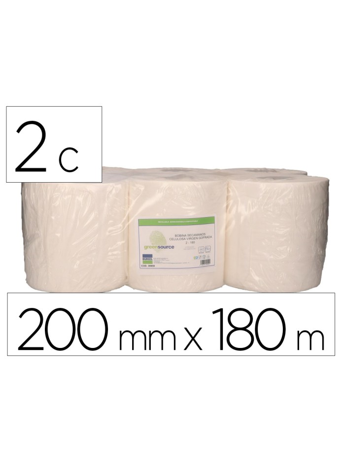 Papel secamanos bunzl greensource 2 capas celulosa blanca 200 mm x 180 mt paquete de 6 rollos Papel secamanos bunzl greensource 2 capas celulosa blanca 200 mm x 180 mt paquete de 6 rollos
