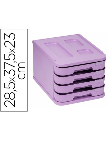 Fichero cajones de sobremesa faibo plastico 100% reciclable 4 cajones violeta pastel 28,5x37,5x23 cm