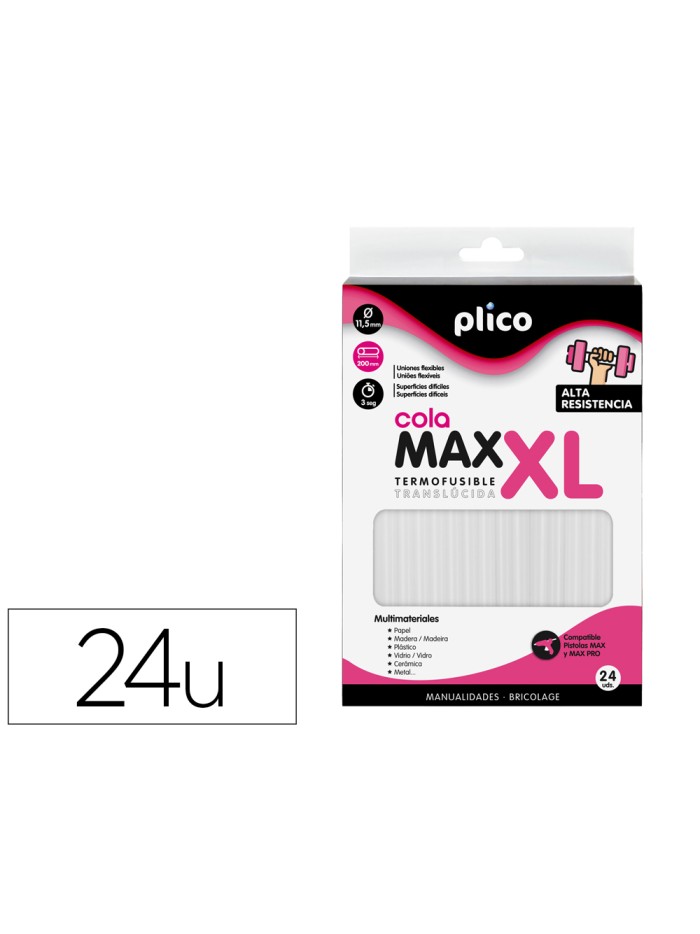 Barra termofusible plico cola extrafuerte max xl 11,5 mm de diametro x 200 mm de alto blister de 24 unidades Barra termofusible plico cola extrafuerte max xl 11,5 mm de diametro x 200 mm de alto blister de 24 unidades