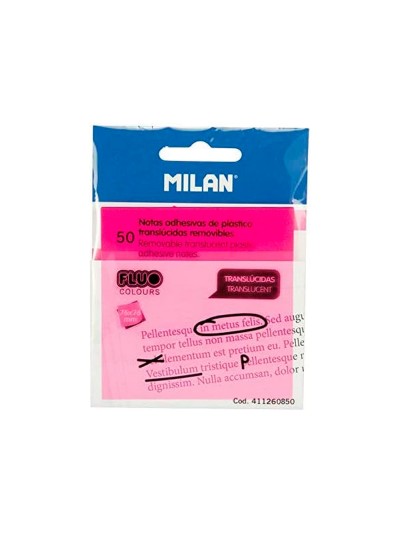 Bloc de notas adhesivas quita y pon milan 76x76 mm removible plastico translucido rosa fluor 50 hojas