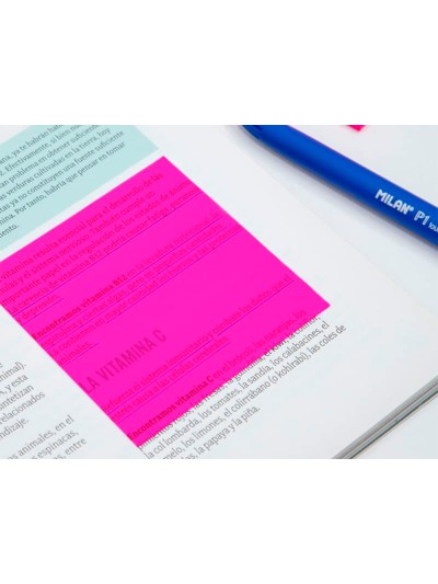 Bloc de notas adhesivas quita y pon milan 76x76 mm removible plastico translucido rosa fluor 50 hojas