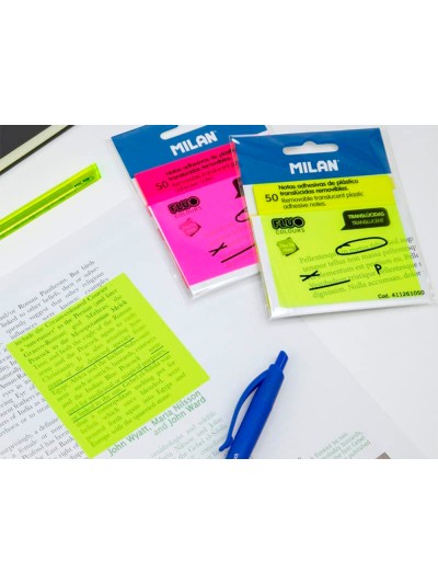 Bloc de notas adhesivas quita y pon milan 76x76 mm removible plastico translucido rosa fluor 50 hojas