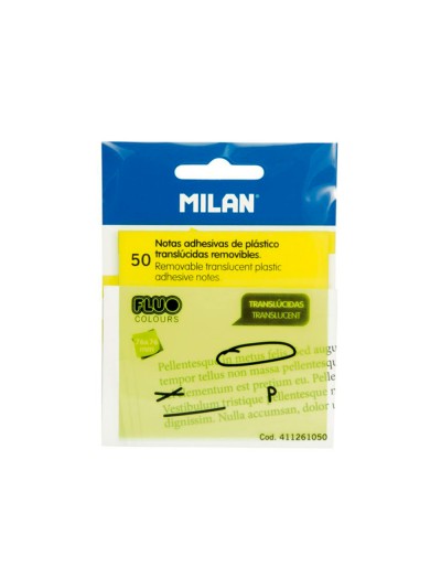 Bloc de notas adhesivas quita y pon milan 76x76 mm removible plastico translucido amarillo fluor 50 hojas