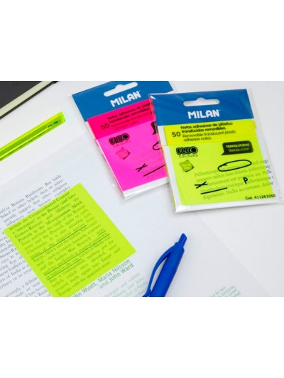 Bloc de notas adhesivas quita y pon milan 76x76 mm removible plastico translucido amarillo fluor 50 hojas