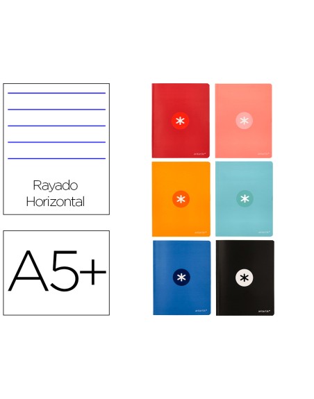 Libreta antartik a5+ plus cosida 48 hojas 90g/m2 rayado horizontal con margen 6 colores surtidos
