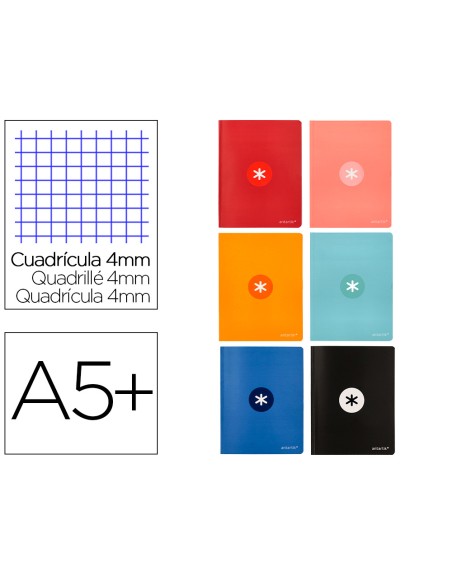 Libreta antartik a5+ plus cosida 48 hojas 90g/m2 cuadro 4mm con margen 6 colores surtidos