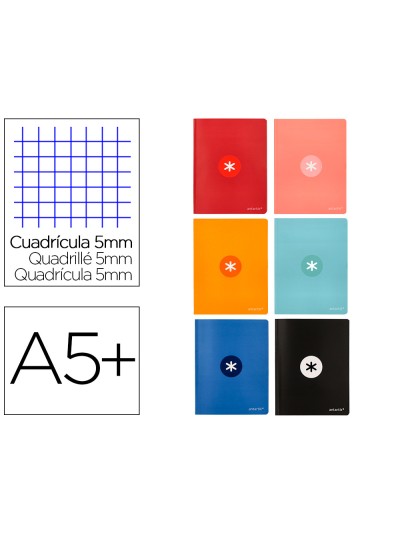 Libreta antartik a5+ plus cosida 48 hojas 90g/m2 cuadro 5mm con margen 6 colores surtidos