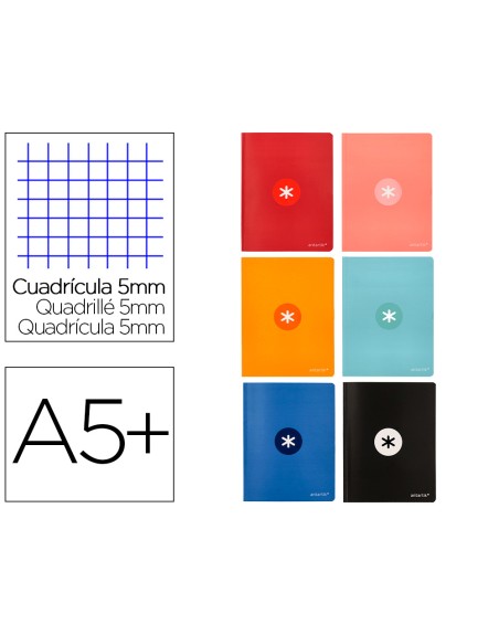 Libreta antartik a5+ plus cosida 48 hojas 90g/m2 cuadro 5mm con margen 6 colores surtidos
