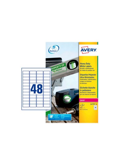 Etiqueta adhesiva resistente avery poliester blanco laser 45,7x21,2 mm caja de 960 unidades