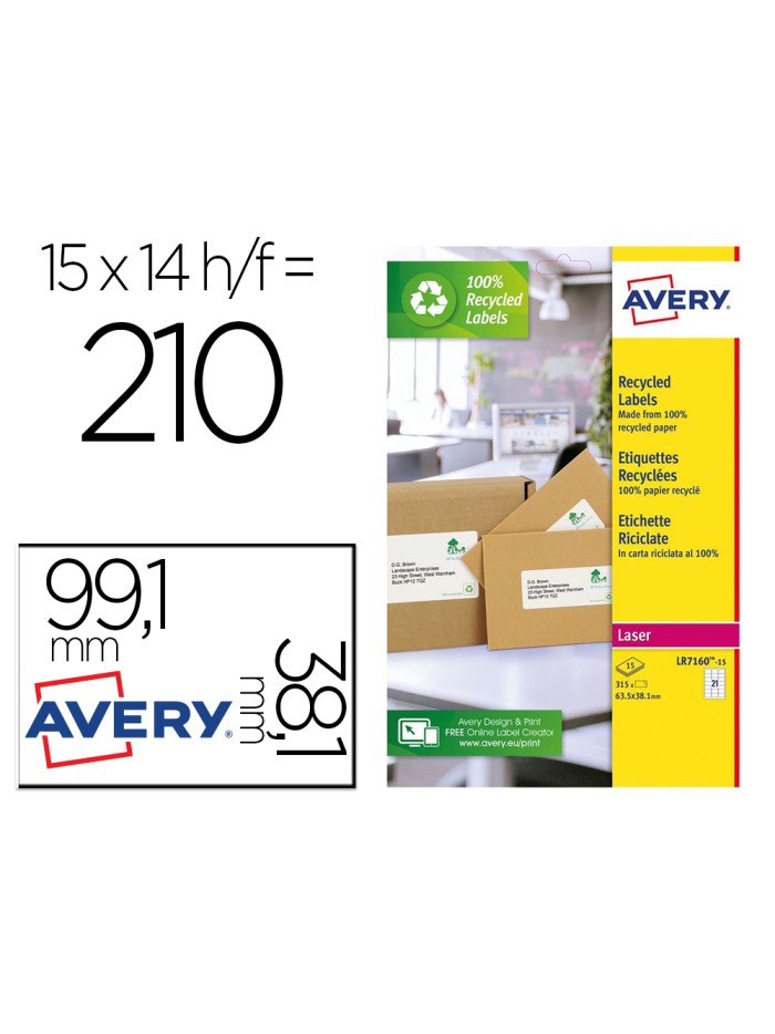 Etiqueta adhesiva avery blanca permanente reciclada 100% laser 99,1x38,1 mm caja de 210 unidades Etiqueta adhesiva avery blanca permanente reciclada 100% laser 99,1x38,1 mm caja de 210 unidades