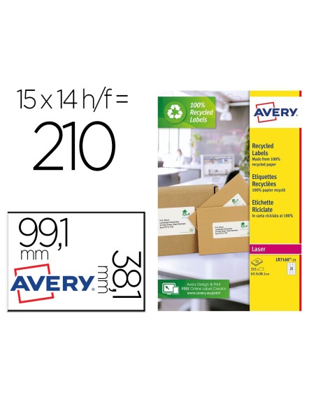 Etiqueta adhesiva avery blanca permanente reciclada 100% laser 99,1x38,1 mm caja de 210 unidades