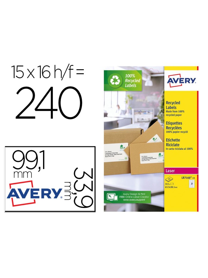 Etiqueta adhesiva avery blanca permanente reciclada 100% laser 99,1x33,9 mm caja de 240 unidades Etiqueta adhesiva avery blanca permanente reciclada 100% laser 99,1x33,9 mm caja de 240 unidades