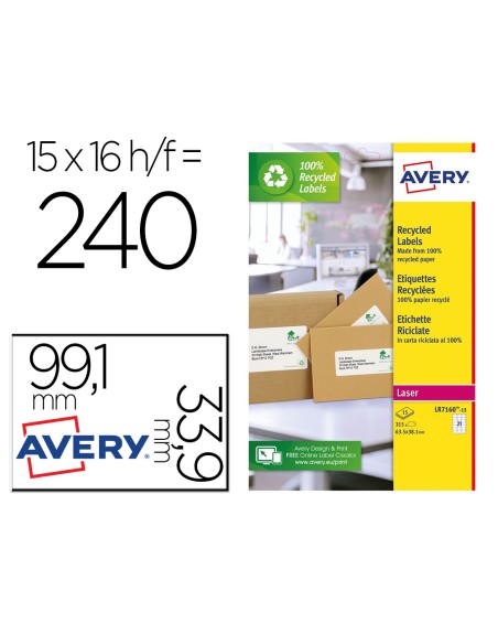 Etiqueta adhesiva avery blanca permanente reciclada 100% laser 99,1x33,9 mm caja de 240 unidades