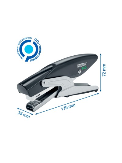 Grapadora rapid de tenaza eco plastico reciclado 100% capacidad de grapado 20 hojas usa grapas 24/6 y 26/6 color