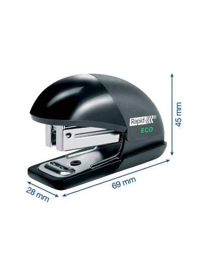 Grapadora rapid mini fashion eco plastico 100% reciclado capacidad 10 hojas usa grapas 24/6 y 26/6 color negro