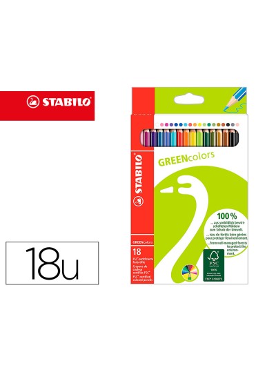 Lapices de colores stabilo green colors con certificado fsc estuche carton de 18 unidades colores surtidos