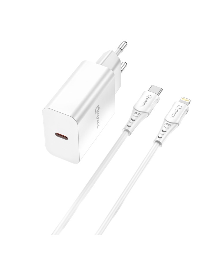Kit cargador qcharx chronos 3a 20w + cable tipo c a lightning blanco Kit cargador qcharx chronos 3a 20w + cable tipo c a lightning blanco