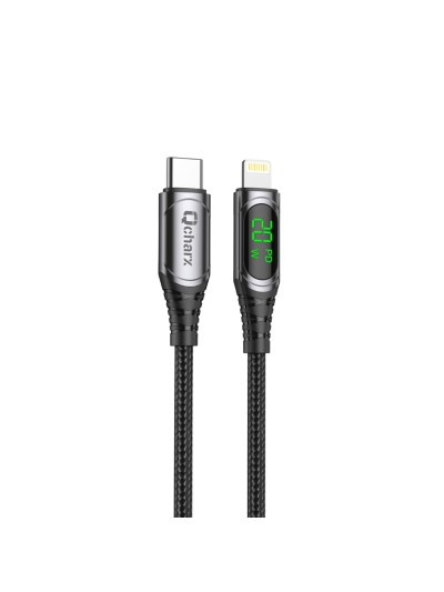 Cable qcharx mallorca tipo c a lightning 3a 20w - 1 m - aleación aluminio negro cable tela digital display