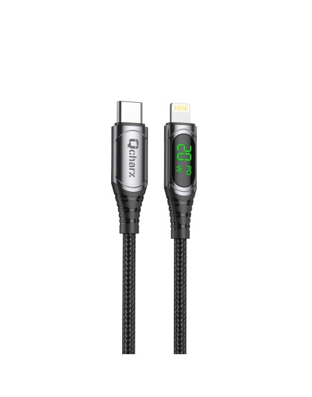 Cable qcharx mallorca tipo c a lightning 3a 20w - 1 m - aleación aluminio negro cable tela digital display