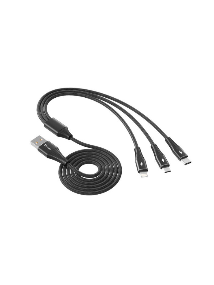 Cable triple qcharx napoli usb a lightning + tipo c + micro 3a - 1.2 m - aleación de aluminio negro cordon suave Cable triple qcharx napoli usb a lightning + tipo c + micro 3a - 1.2 m - aleación de aluminio negro cordon suave