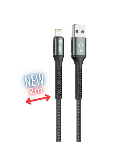 Cable qcharx prague lightning usb tipo a - 2m - aleacion de aluminio negro cordon de tela suave