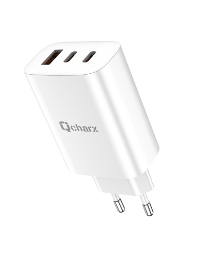 Cargador qcharx ares 3a 65w 2 puerto tipo c + usb blanco