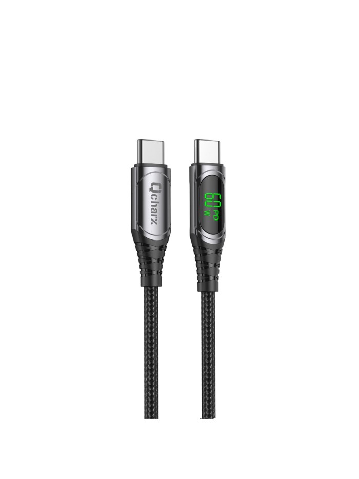 Cable qcharx ibiza tipo c a tipo c 3a 60w - 1 m - aleación aluminio negro cable suave digital display Cable qcharx ibiza tipo c a tipo c 3a 60w - 1 m - aleación aluminio negro cable suave digital display