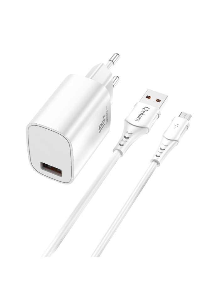 Kit cargador qcharx artemisia 3a 18w + cable usb a micro blanco Kit cargador qcharx artemisia 3a 18w + cable usb a micro blanco