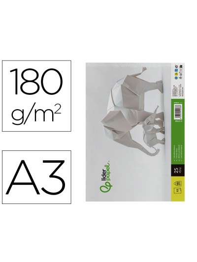 Cartulina liderpapel a3 180g/m2 blanco paquete de 25+5 hojas en carpeta dossier transparente con cierre