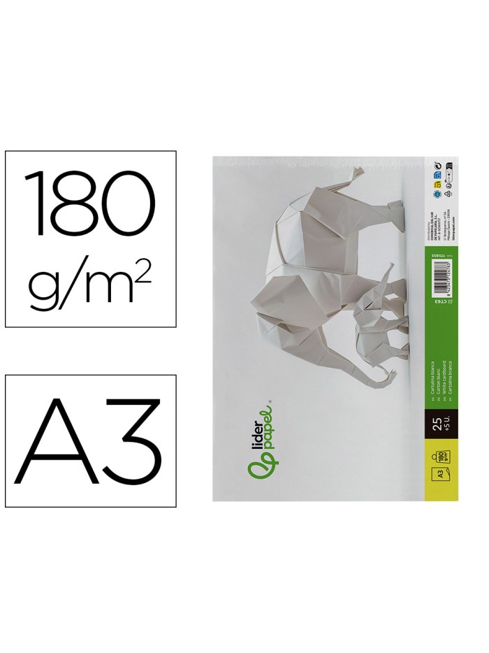 Cartulina liderpapel a3 180g/m2 blanco paquete de 25+5 hojas en carpeta dossier transparente con cierre Cartulina liderpapel a3 180g/m2 blanco paquete de 25+5 hojas en carpeta dossier transparente con cierre